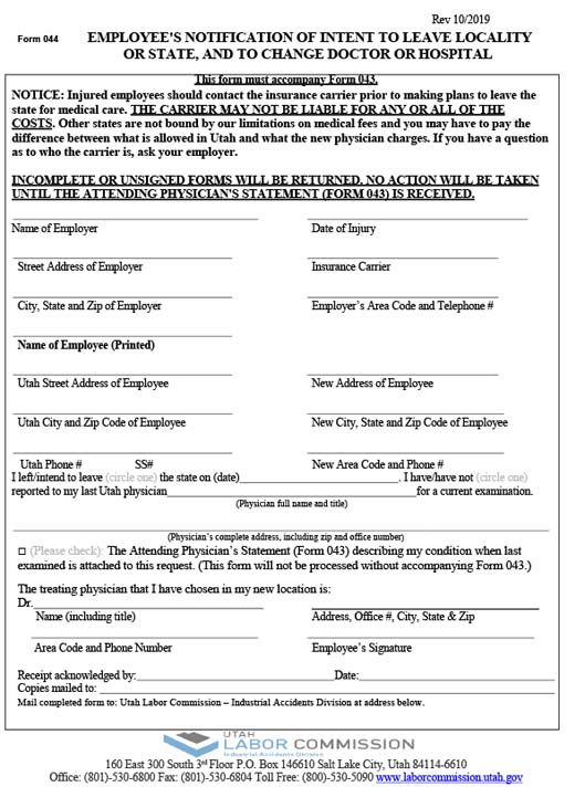 Form 044 - Employee's Notification of Intent to Leave Locality or State, and to Change Doctor or Hospital