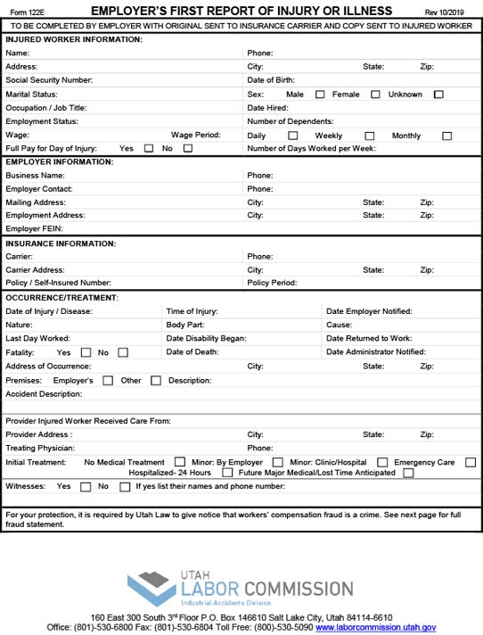 Form 122 E - Employers First Report Of Injury or Illness