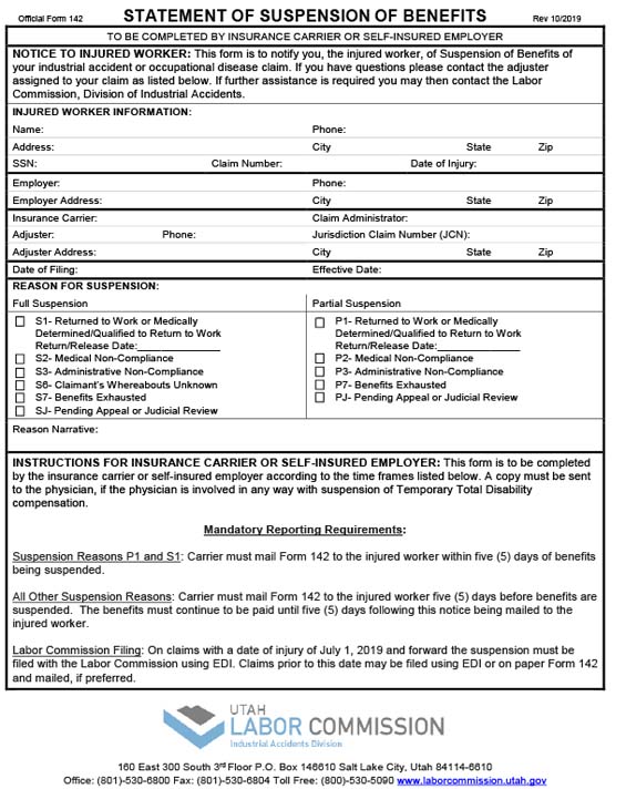 Form 142 - Statement of Insurance Carrier or Self Insurer With Respect to Discontinuance of Benefits