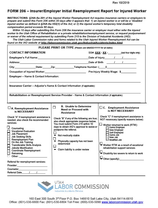 Form 206 - Insurer/Employer Initial Reemployment Report for Injured Worker