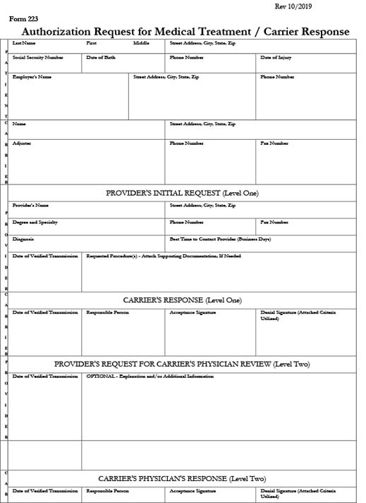 Form 223 - Authorization Request for Medical Procedures/Carrier Response