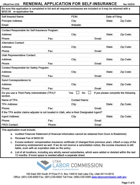 Form 223E - Renewal Application for Self Insurance